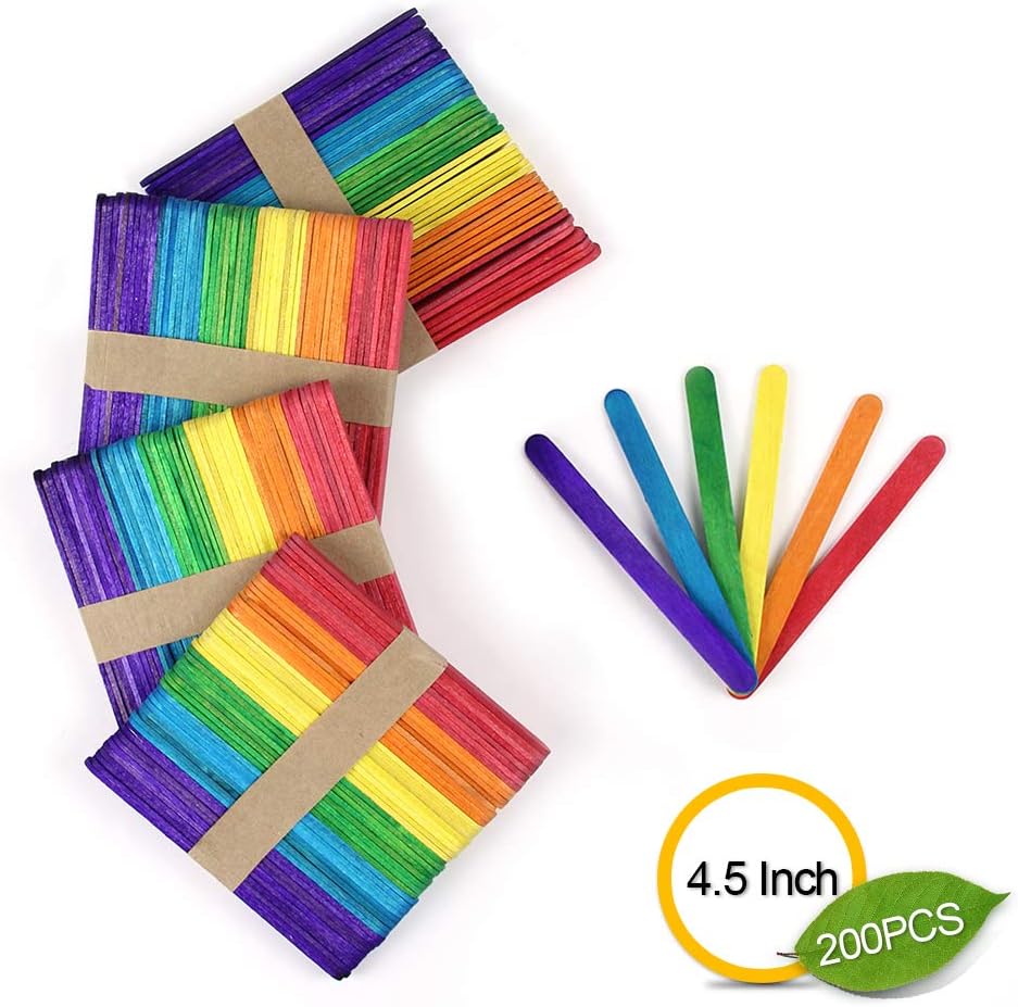 4.5 inch, Colored Craft Sticks, Wood Popsicle Sticks, Ice Cream Sticks for Classroom, Home, Kids Projects and DIY Craft Creative Designs, 200 pcs