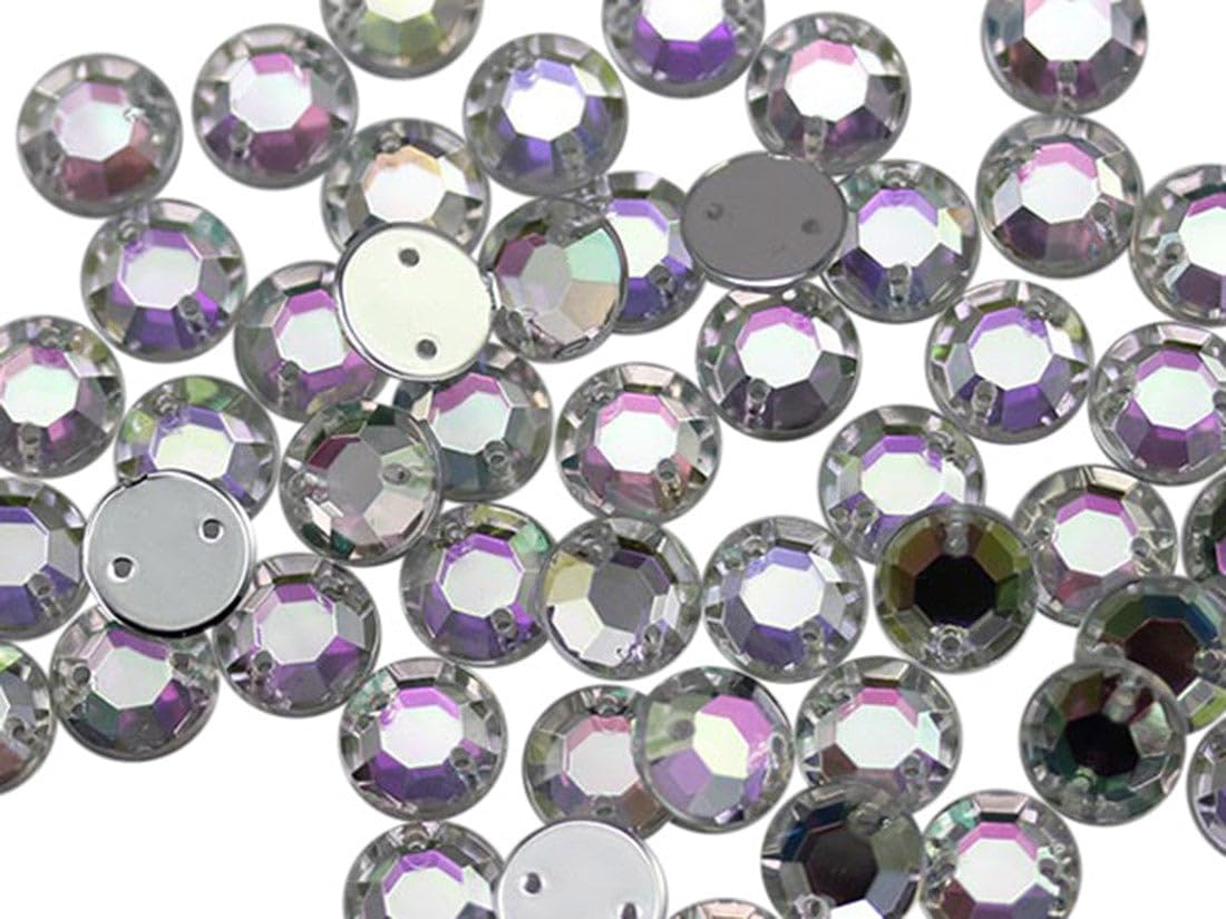 Allstarco 10mm Flat Back Sew On Rhinestones Beads for Crafts Plastic Acrylic Round Gems with Holes for Sewing, Clothing Embelishments, Costume Cosplays Crystal AB H702-70 Pieces