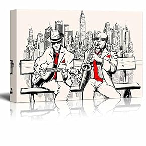 Illustration of Two Jazz Men Playing in New York Saxophone and Guitar - Canvas Art Wall Art - 12" x 18"