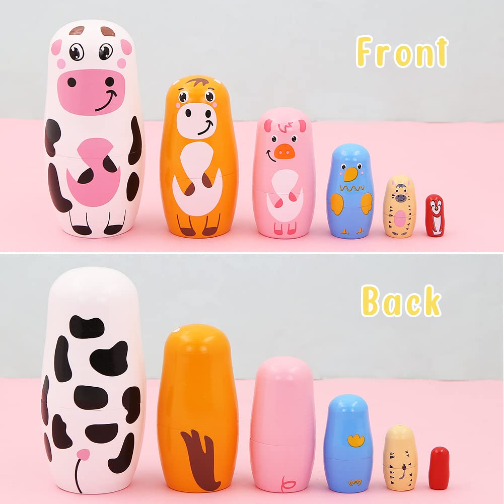 Winterworm Set of 6 Farm Animal Nesting Dolls Cow Cattle Pig Chick Horse Bird Wooden Russian Doll Wooden Matryoshka Dolls for Easter Christmas Birthday Kids Stacking Toy Gift Home Decoration