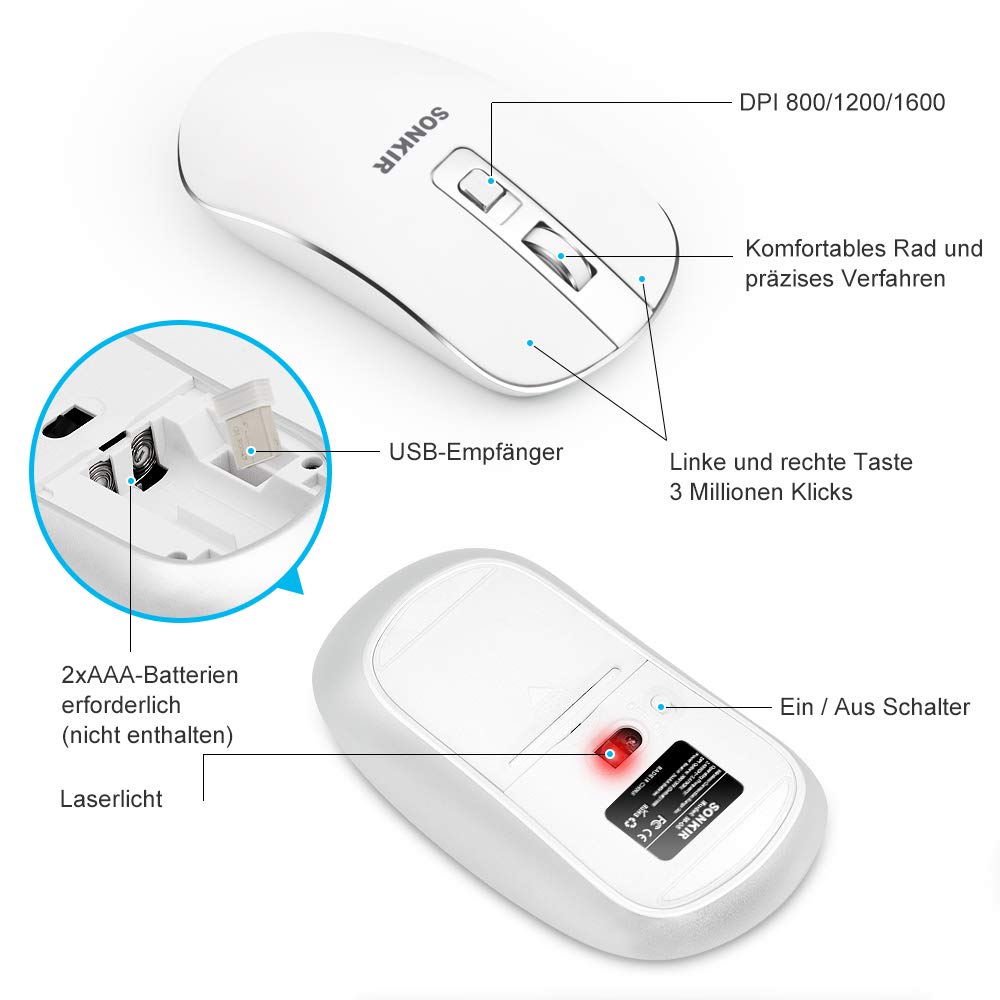 Sonkir Tastatur und Maus, K-18 2,4GHz ultradünne wiederaufladbare Aluminium-Tastatur in voller Größe für Windows, Laptop, PC, Notebook (Silber)