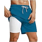 Huneny Mens Swim Trunks with Compression Liner 2 in 1 Quick Dry Board Shorts Bathing Suit Beach Shorts with Pockets