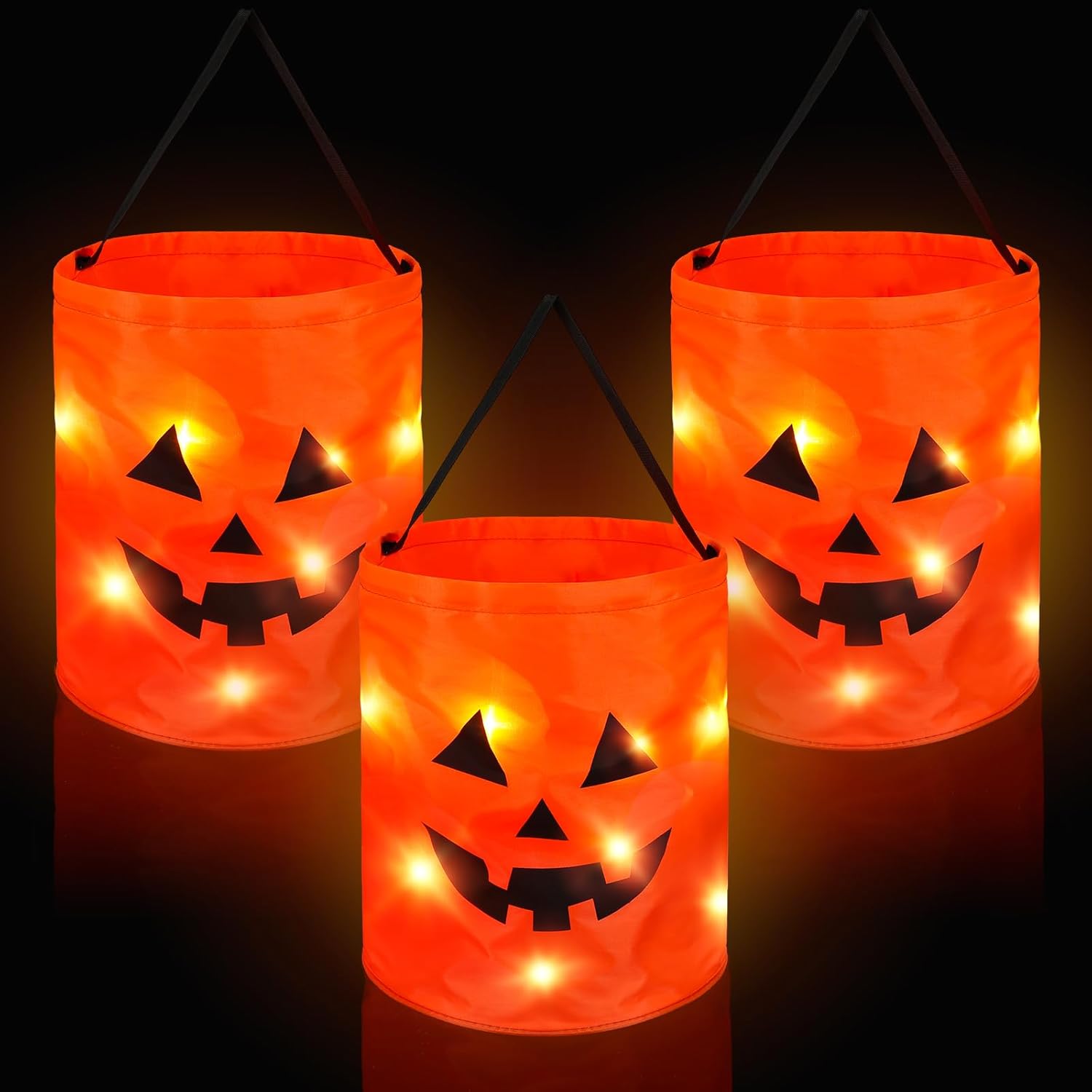 Holiday Décor Storage - Sweetude Halloween LED Light Trick or Treat Bags Light up Pumpkin Bucket Halloween Candy Bag with Pumpkin Smile Face Reusable Orange Goody Bucket for Kids Halloween Supplies Party Favors(3 Pcs)