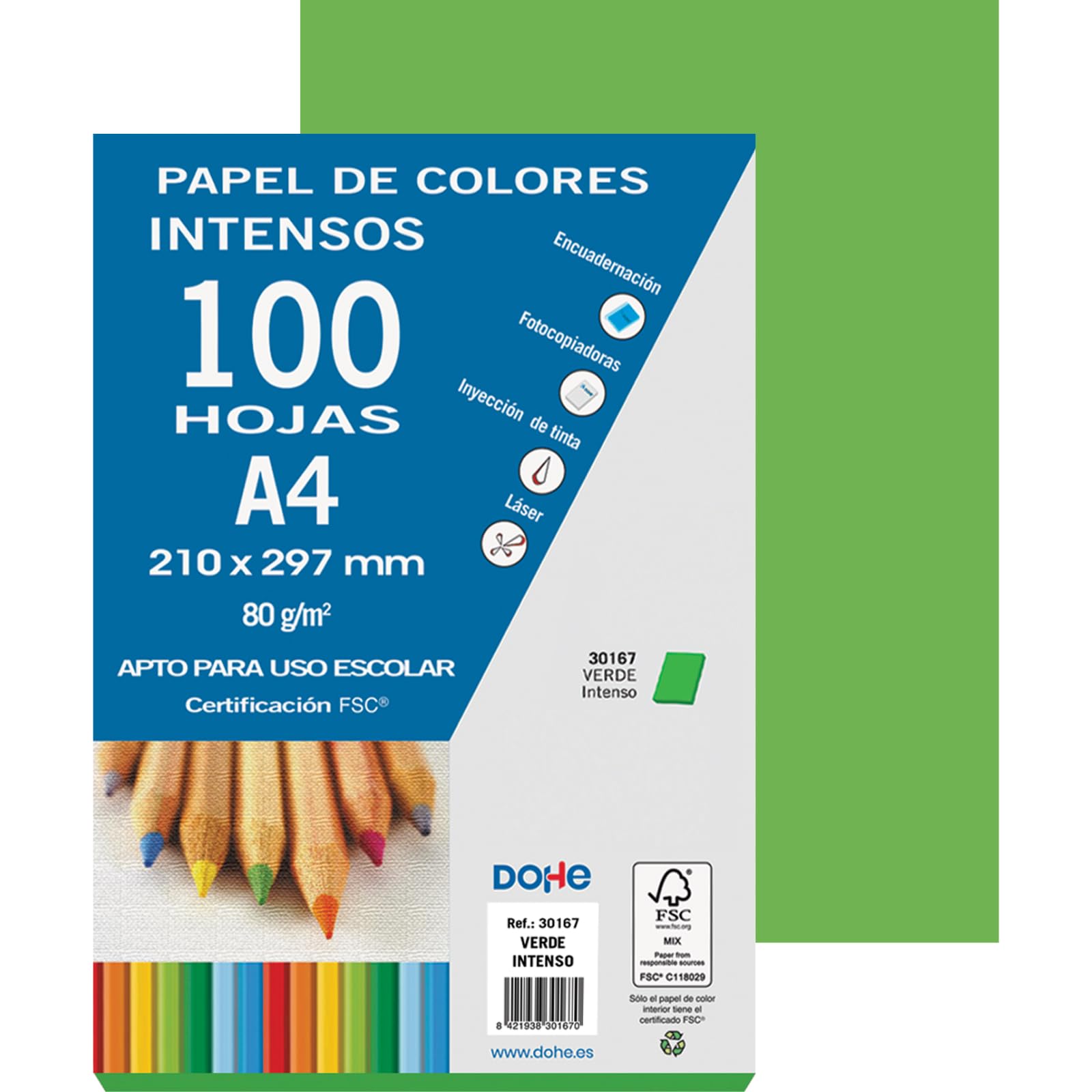 Dohe - Pack of 100 A4 Sheets 80 g, Bright Green - FSC Mix AEN-COC-000243