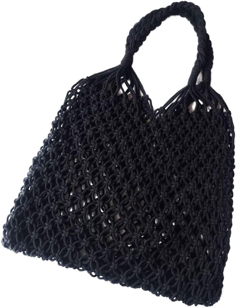 TENDYCOCO Shoulder Bag Mesh Beach Bag Woven Cotton Hollow for Women (Black), Approx. 48 x 35 x 2cm