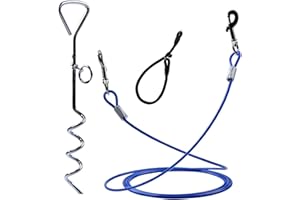 Dog Tie Out Cable and Stake, 10Ft Pet Tie Out Cable, Stainless Spiral Stake and Adjustable Dog Collar - Complete Tether Syste