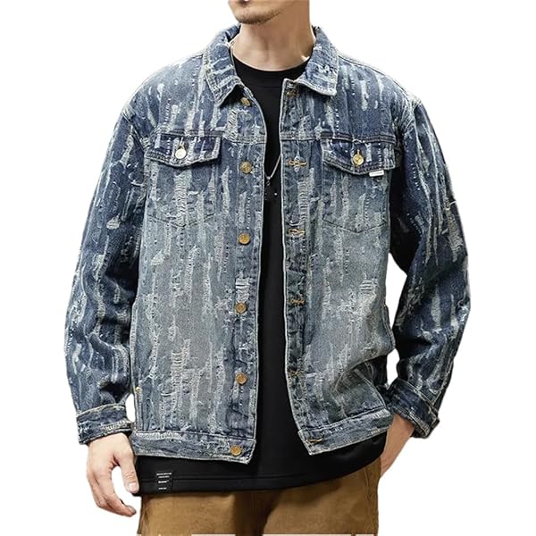 Dvbfufv Men's Jacquard Denim Jacket Loose Top Autumn Distressed