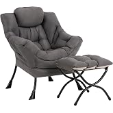 Welnow Lazy Chair with Ottoman, Reading Chair with Footrest,Dark Grey | A Side Pocket,Armrests,Foldable Footrest,Thick Cushioned Seat &amp; Backrest, Lounge Chair for Bedroom,Living Room &amp; Small Space