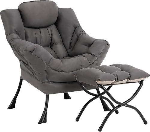 Welnow Lazy Chair with Ottoman, Reading Chair with Footrest,Dark Grey | A Side Pocket,Armrests,Foldable Footrest,Thick Cushioned Seat & Backrest, Lounge Chair for Bedroom,Living Room & Small Space