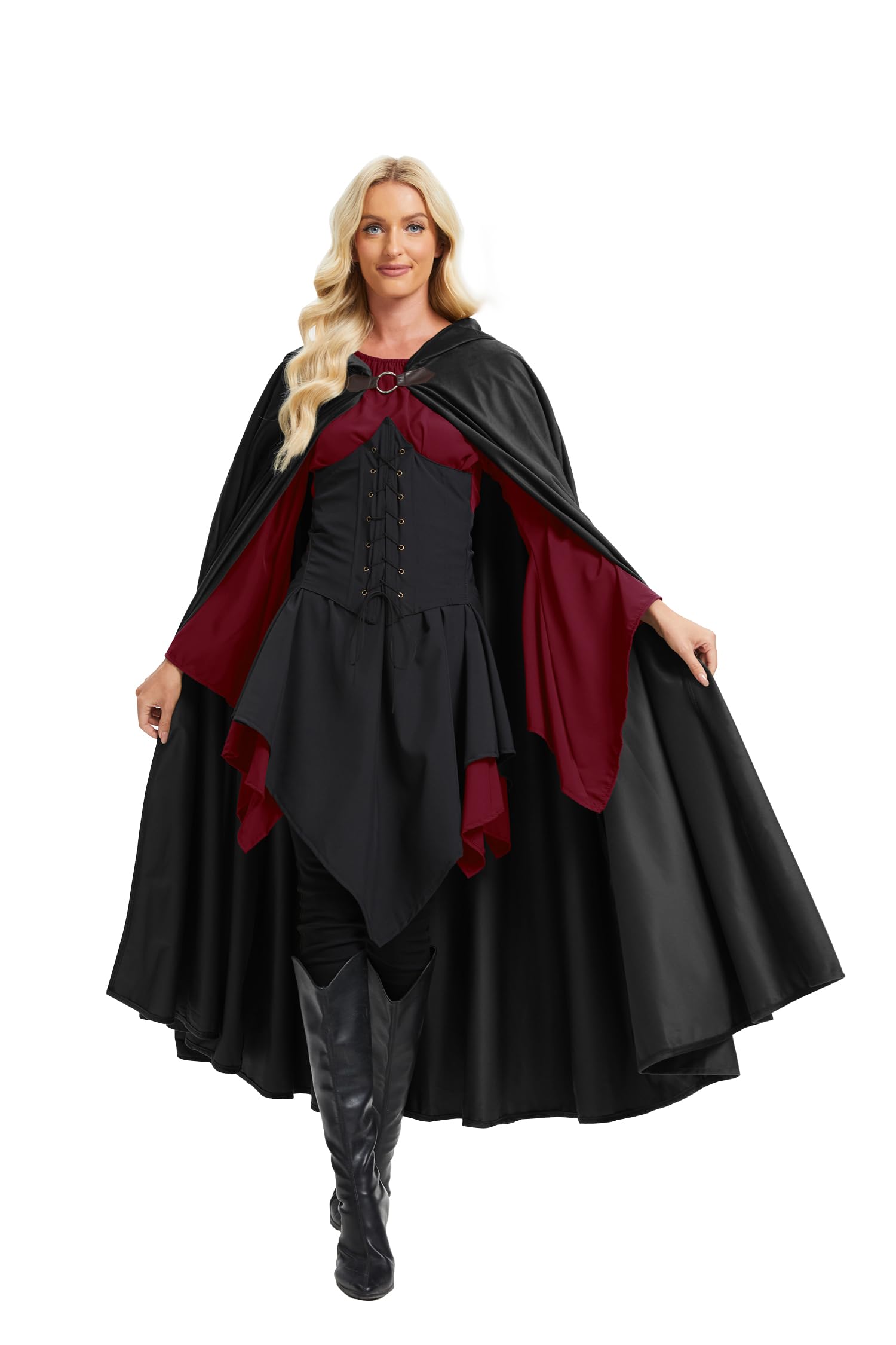 RongXuan Halloween Costume Renaissance Cape with Hood Costume Velvet Coat for Men Women Victorian Steampunk Medieval Cosplay Cape (Black, 130 cm)