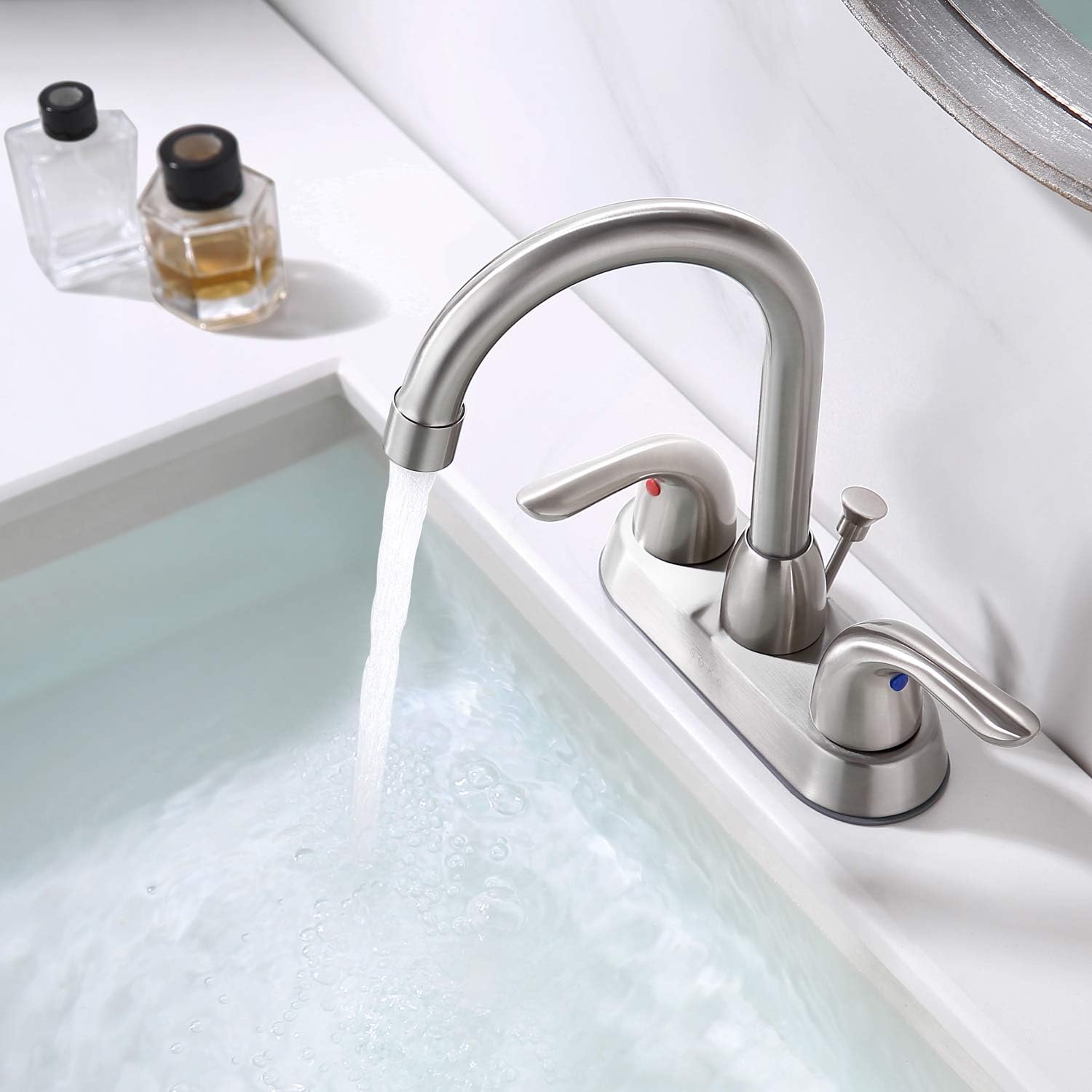 SOKA 2 Handle Bathroom Faucet Brushed Nickel, 4 Inch Brushed Nickel Bathroom Sink Faucet Centerset with Drain Assembly and Supply Hoses, RV Bathroom Faucet 3 Holes, Brushed Nickel Bathroom Faucet - - 