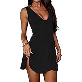 QZOOK Summer A Line Dresses for Women Sexy V Neck Backless Ruched Waist Ruffle Flowy Hem Cocktail Party Club Mini Dress