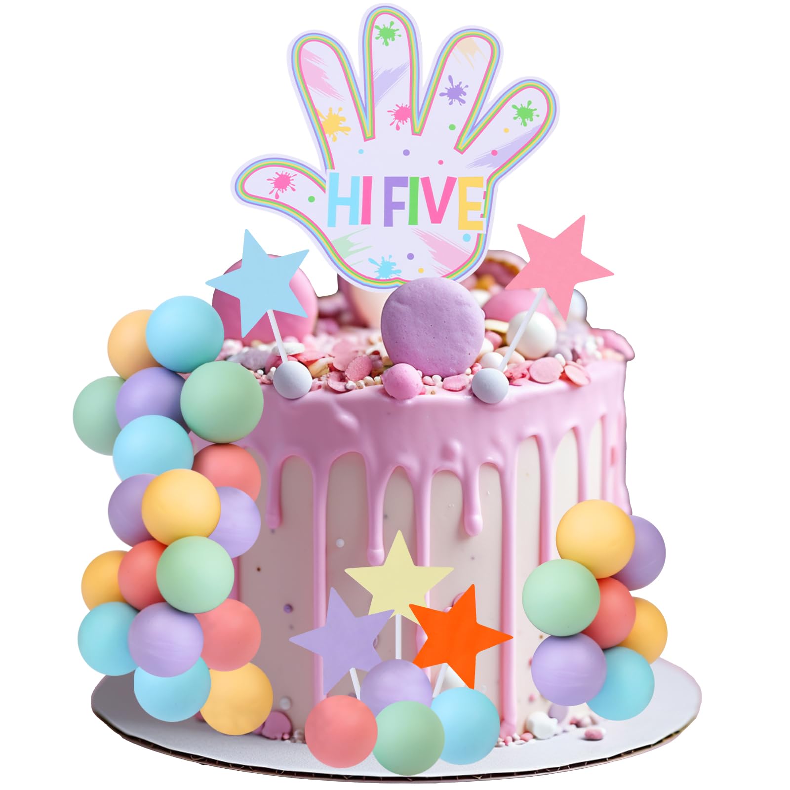 Photo 1 of CORNER LACE Macaron Theme Hi Five Birthday Cake Decorations 26Pieces - Pastel Ball Star Hand Dessert Picks 5th Birthday Cake Cupcake Toppers, 5 Year Old Birthday Party Supplies