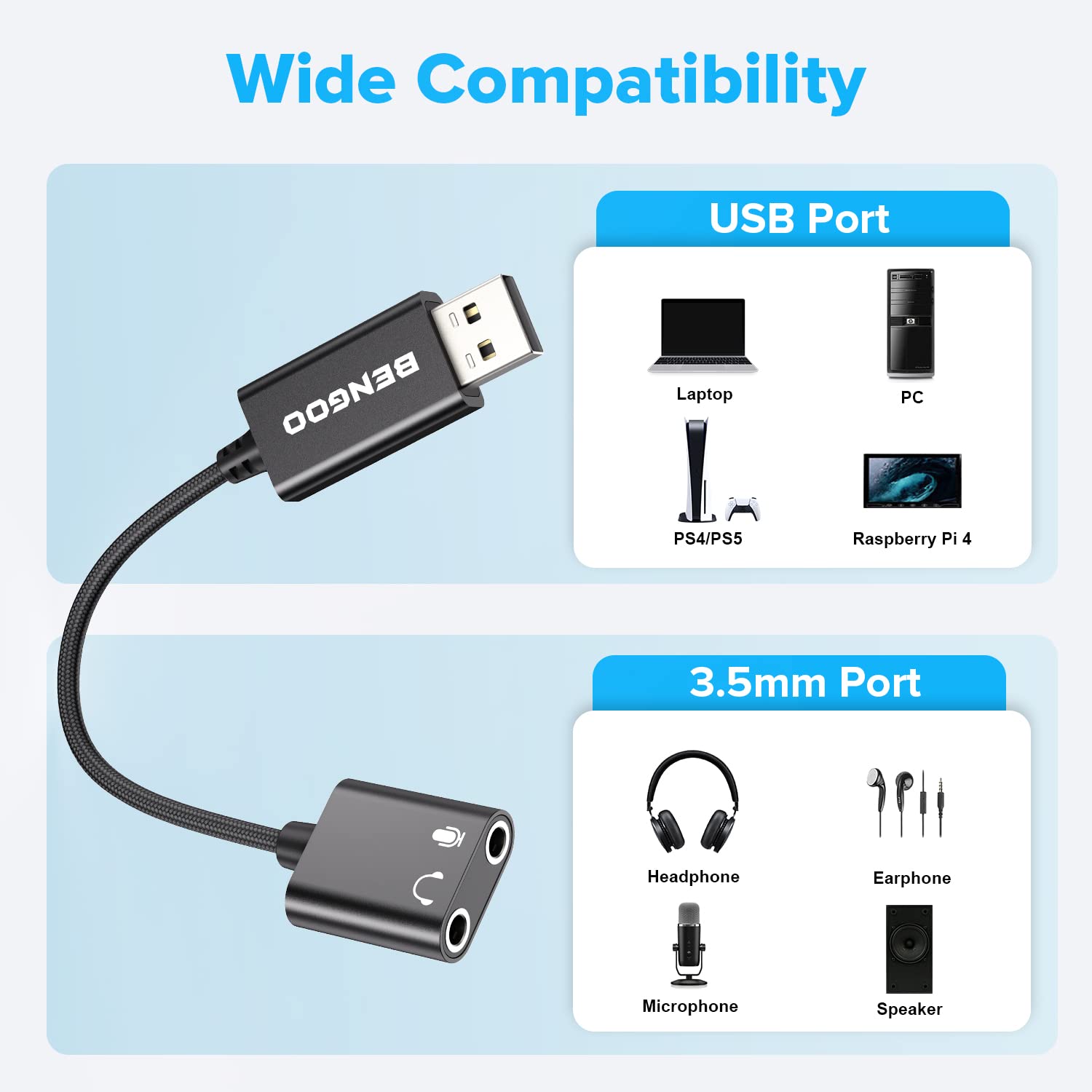 BENGOO USB Sound Card Adapter,USB Audio Adapter 3.5mm Jack,External Sound Card with Dual TRS Headphone and Microphone Jack for Windows Mac Linux PC Laptops Desktops PS4 Headsets, Black