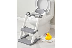 Forbena Toddler Potty Training Seat with Step Stool Ladder, Toilet Potty Seat for Baby Boys Girls Toddlers, Kids Chair Stairs with Handles and Soft Cushion (White and Grey)