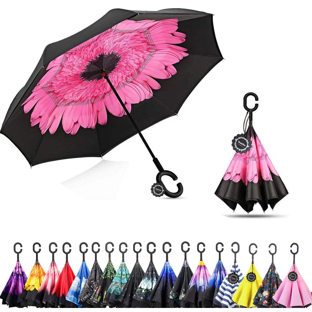 Monstleo Double Layer Inverted Umbrella Cars Reverse Umbrella, Windproof UV Protection Big Straight Umbrella for Car Rain Outdoor With C-Shaped Handle and Carrying Bag …