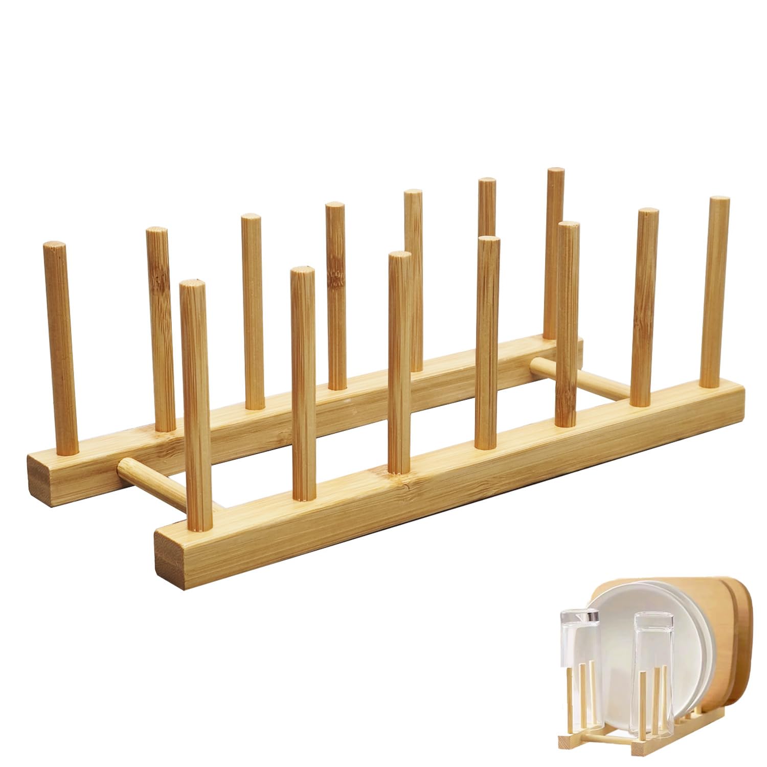 YUNYU Wooden Plate Rack Organiser - 6 Slot Dish Drainer & Storage Holder for Kitchen/Bedroom/Study | Fits Chopping Boards/Cups/Books/Pot Lids/Baking Trays (Natural Wood)