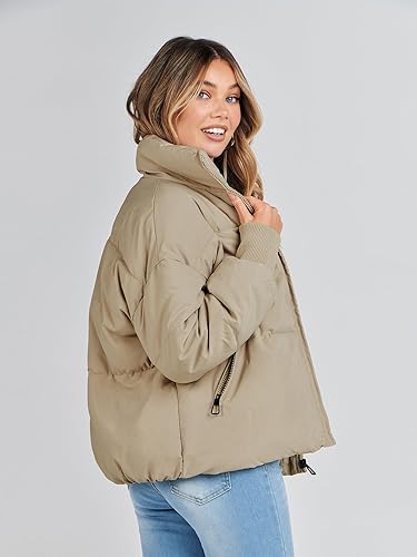 MEROKEETY Women's 2025 Winter Long Sleeve Zip Puffer Jacket Pockets Baggy  Short Coats, Khaki, S