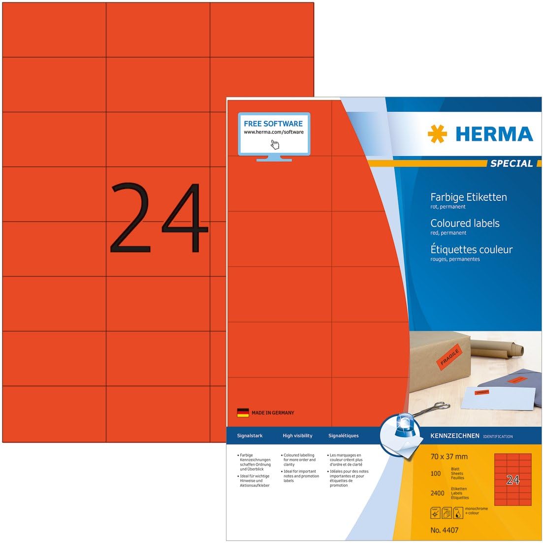 HERMASelf Adhesive Coloured Labels, 24 Labels Per A4 Sheet, 2400 Labels For Printers, Red, 70 x 37 mm (4407)