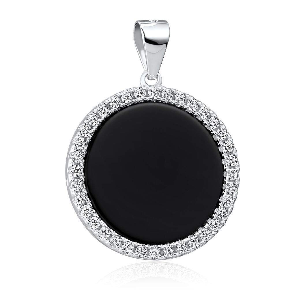 Materia Onyx Pendant Round Black 925 Silver Women's Rhodium-Plated with Zirconia and Chain Including Jewellery Box, Tarnish protection thanks to rhodium plating White zirconia stones, Onyx