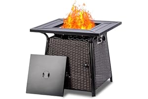 OutVue 28 inch Wicker Propane Fire Pit Table,Gas Fire Pits Table for Outside,50000 BTU Propane Firepit with Lid &Lava Rocks,Gas Firepit for Garden,Yard (Brown Rattan)