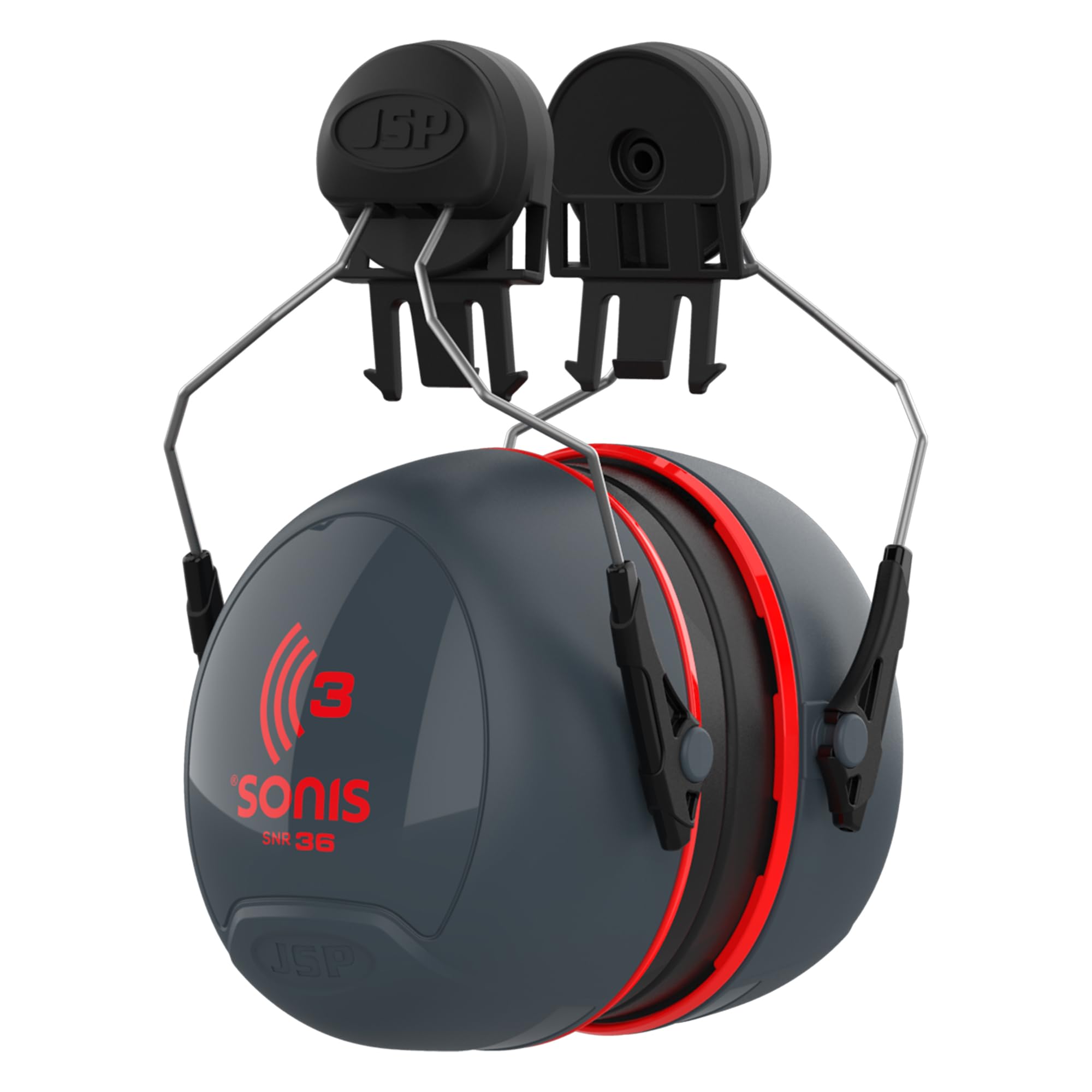 JSP SONIS 3 Mounted Ear Defenders - 36dB SNR - Grey/Red - Hearing Protection Earmuffs for Adults - Flexible & Comfortable Fit - Compatible Hard Hats - EN 352-3