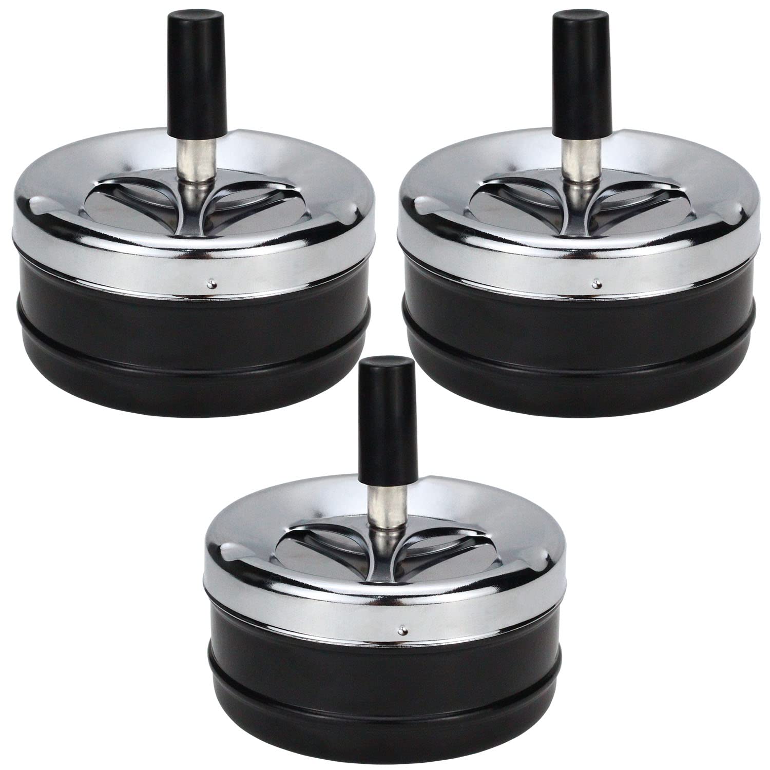 ZDNT 3PCS Ashtray Round Push Down Cigarette Ashtray with Tray Spinning Ashless Modern Rotating Metal Cigarette Ash Tray Large for Outdoor Home Bar Office Christmas (Black)