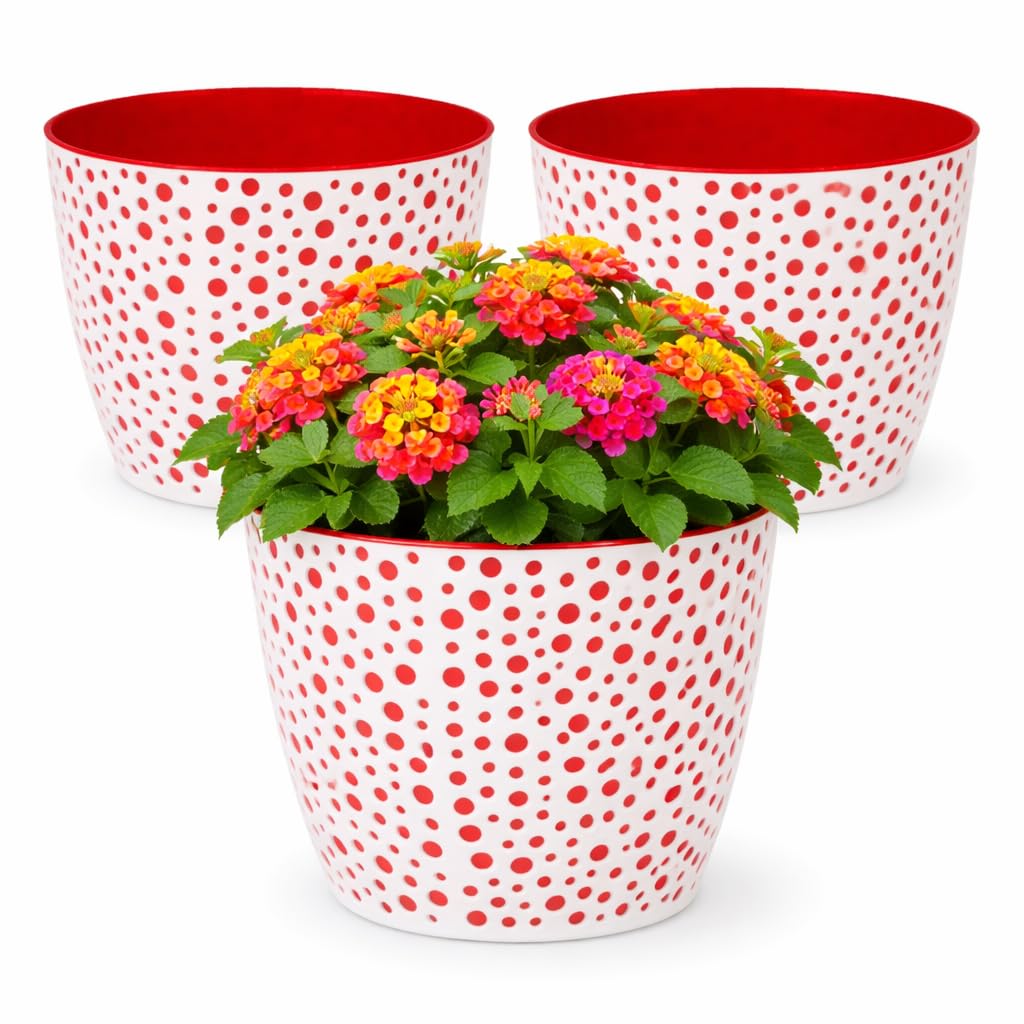 Home Garden Ornaments Plant Pots Indoor Set of 3, Plastic Flower Planters with Removable Inserts, Mix and Match Colour Combinations – 17cm (7 in), White + Red