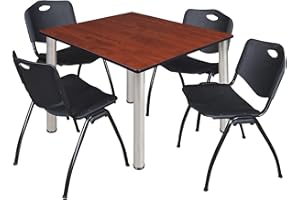 REGENCY Kee 48" Square Breakroom Table- Cherry/ Chrome & 4 'M' Stack Chairs- Black