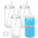 Maucircol 16 Oz Plastic Snowglobe Tumbler, 4 Pack Pre-Drilled Double Wall Plastic Clear Cup for Glitter Snow Globe Diy, Double Wall Snowglobe Cup with Clear Lid
