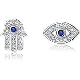 SLUYNZ Solid 925 Sterling Silver CZ Evil Eye Earrings Stud for Women Teens Hamsa Hand Earrings Stud