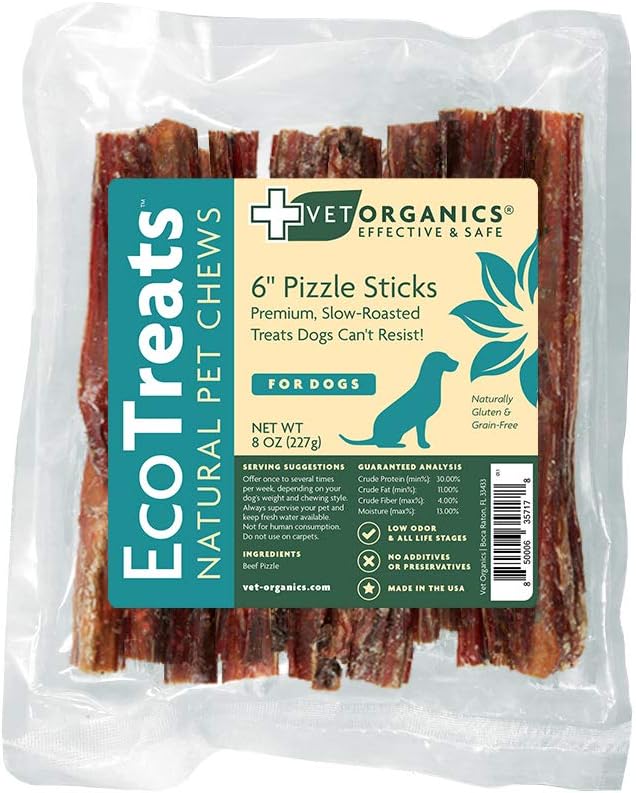 EcoTreats Slow-Roasted 6-in Beef Pizzles Low Odor Bully Straws for Dogs. All-Natural, Grain-Free Dog Treats, Made in the USA. Great Training Reward! 8-oz bag