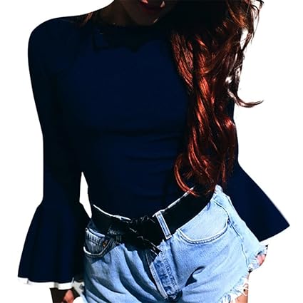 Moonuy Damen-Mode-Sockel Pullover, Damen Rüsche Rüschen Lange Ärmel Tops Baumwolle Blend Bluse Täglich Casual Shirt Bluse Win