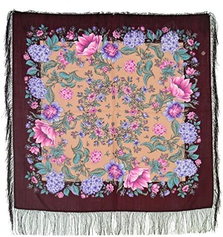 Pavlovoposadskiy Platok Women's Russian Wool Shawl With Silk Fringes 35x35" Burgundy and Bisque