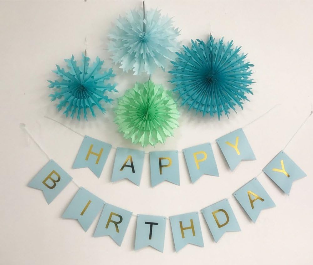Pastel Perfection Blue and Gold Foiled Happy Birthday Bunting Banner, Birthday Decorations Wall decoration with 3D fan flowers, Bunting Birthday Banner