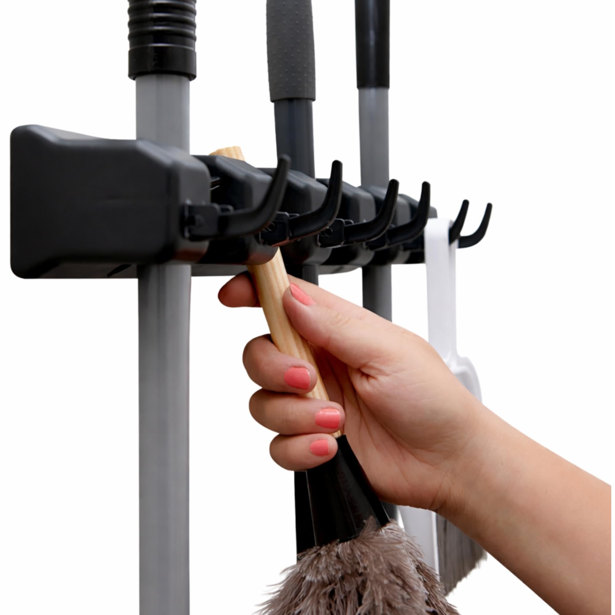 Berry Ave Broom Holder & Wall Mount Garden Tool Organizer - Home Laundry Room, Kitchen, Closet, Shed, Garage Organization and Storage Utility Rack - 5 Slots & 6 Hooks -Rake, Shovel, Mop Hanger (Black)