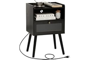 AWASEN Black Nightstand with Charging Station, Modern Bedside Table with Glass Decorative Drawer, Small End Table Side Table with 2 Tiers Storage Space, for Bedroom, Office and Small Space (Black)