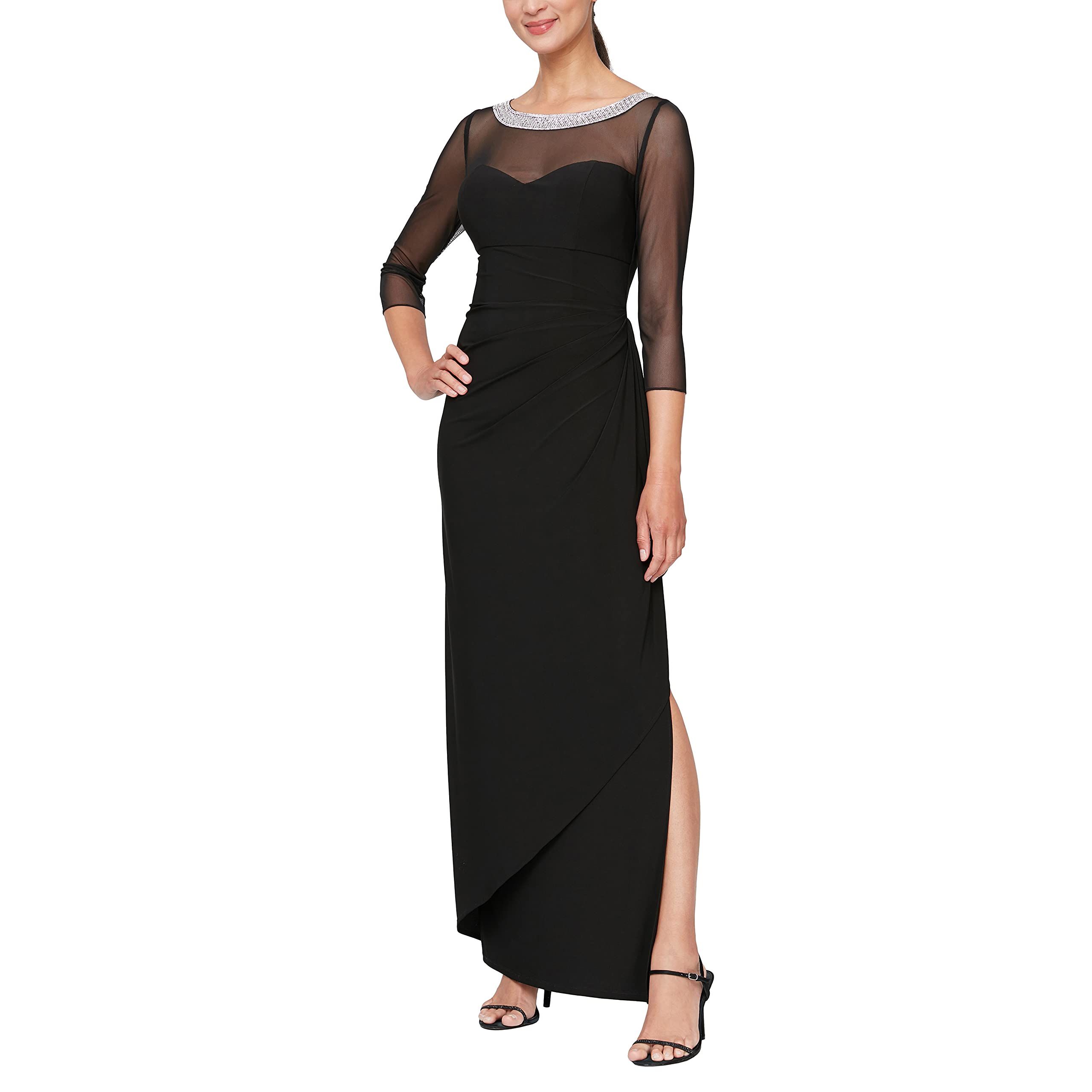 Alex Evenings Women’s Long Matte Jersey Mother of The Bride Dress with 3/4 Illusion Sleeves Regular Sizes, Classic Black, 16 Petite