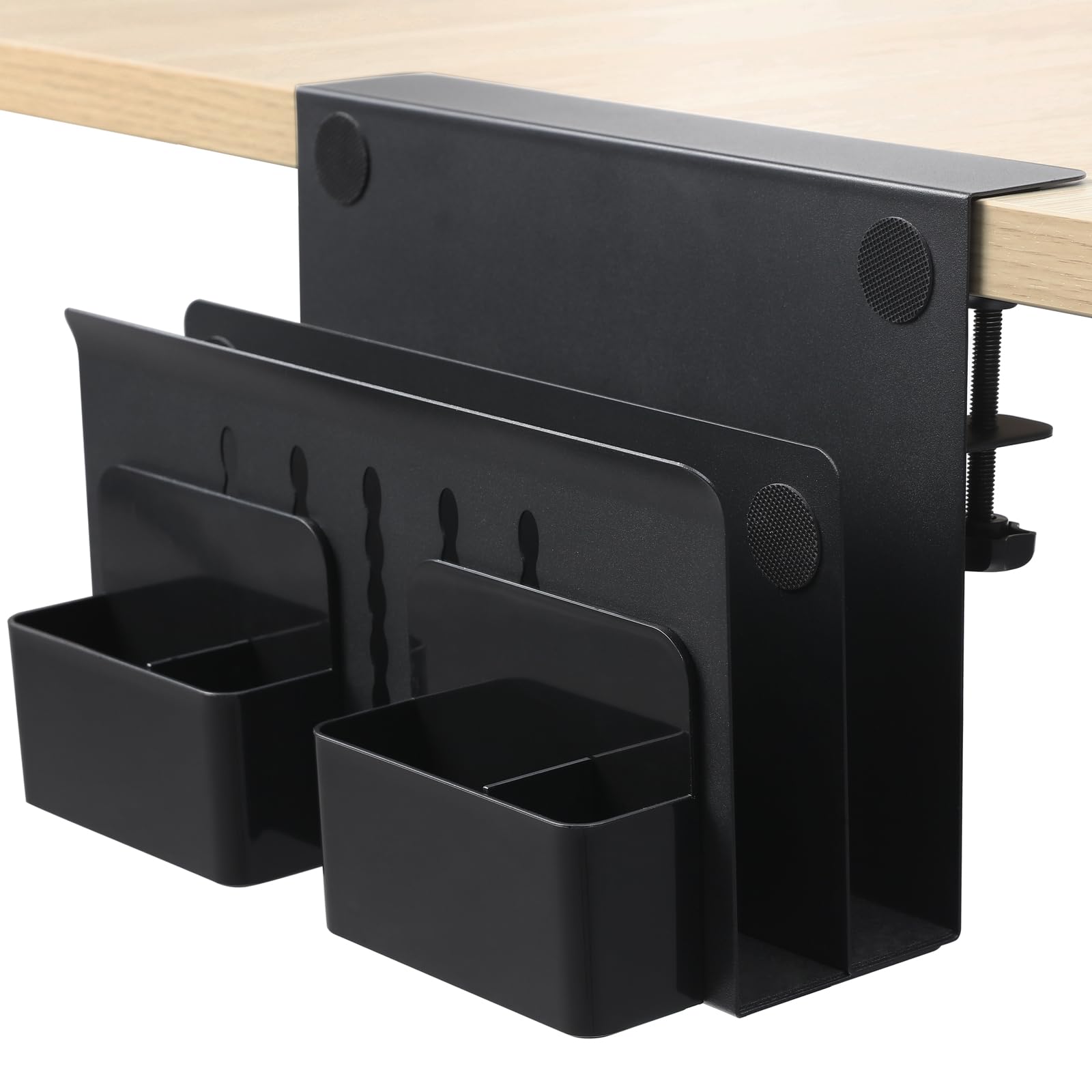 Photo 1 of MAXECHO Desk Side Storage, Under Desk Laptop Mount, Table Side Hanging File Organizer, No Drill Clamp On Cable Management Tray, Laptop Holder with Magnetic Pen Holder for Office and Home, Load 22 Lbs