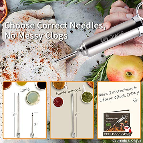 Ofargo 304-Stainless Steel Meat Injector Syringe with 3 Marinade Needles and Travel Case for BBQ Grill Smoker, 2-oz Large Capacity, Both Paper User Manual and E-Book Recipe