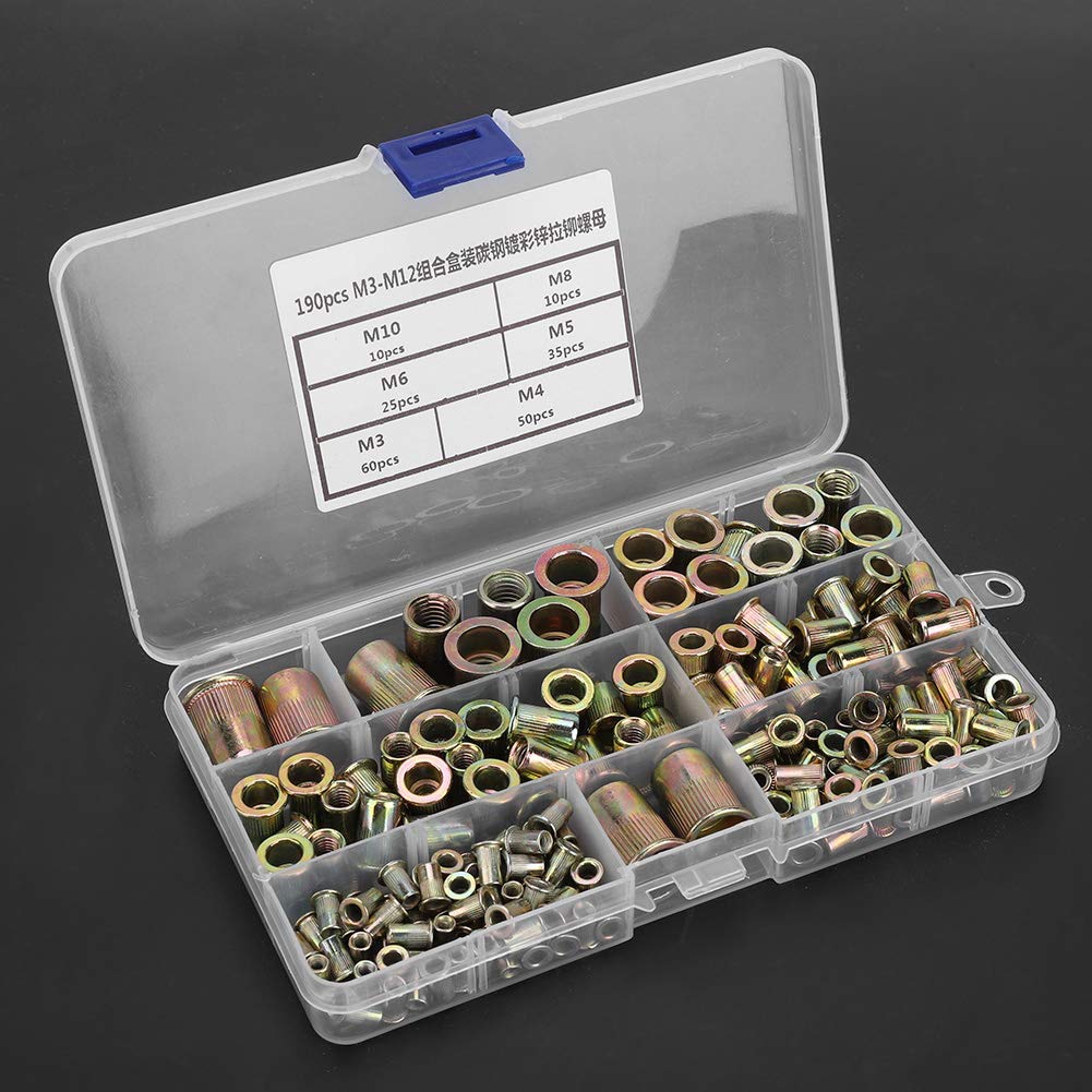 190Pcs M3M12 Plated Carbon Steel Flat Threaded Rivet Nut Flange Rivnut Nutsert Fastener for