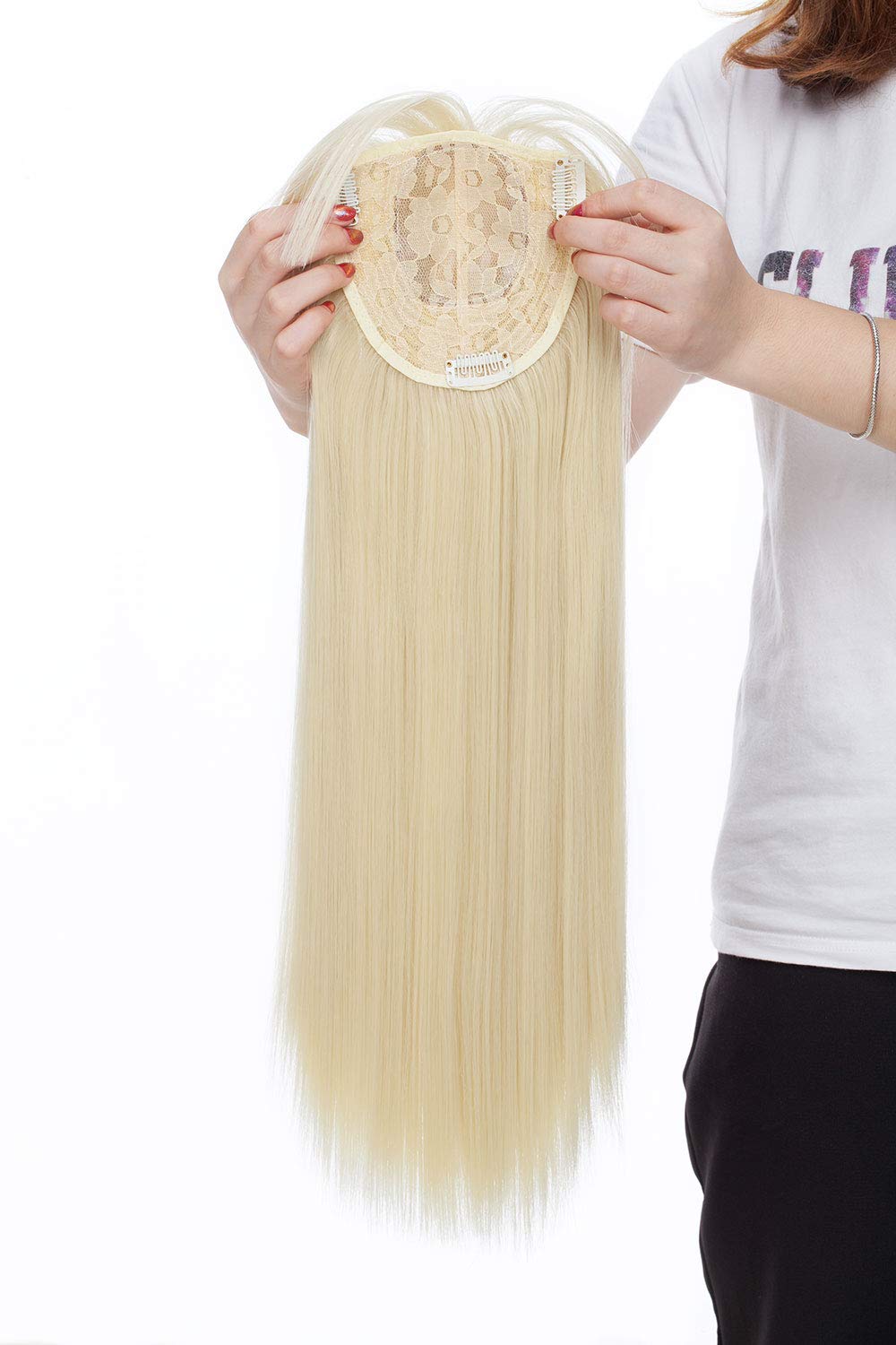 Hair Toppers for Women One Piece Clip in Toppers Extensions Straight Real Mono Toppiece Hair Piece for Thinning Hair 17" - Bleach Blonde