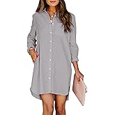 Aoudery Womens Button Down Shirt Dresses with Pockets Cotton Button Up Tunics Long Sleeve Solid High Low Blouse Tops