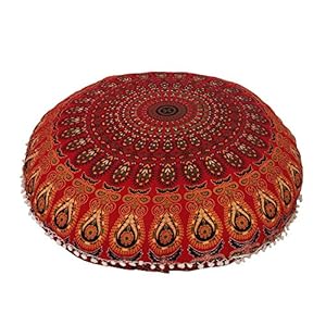 Anokhiart 32″ Cotton Round Floor Pillow Cover Red Indian Mandala Pillow Cover Cushion Cover Ottoman Pouf Cover