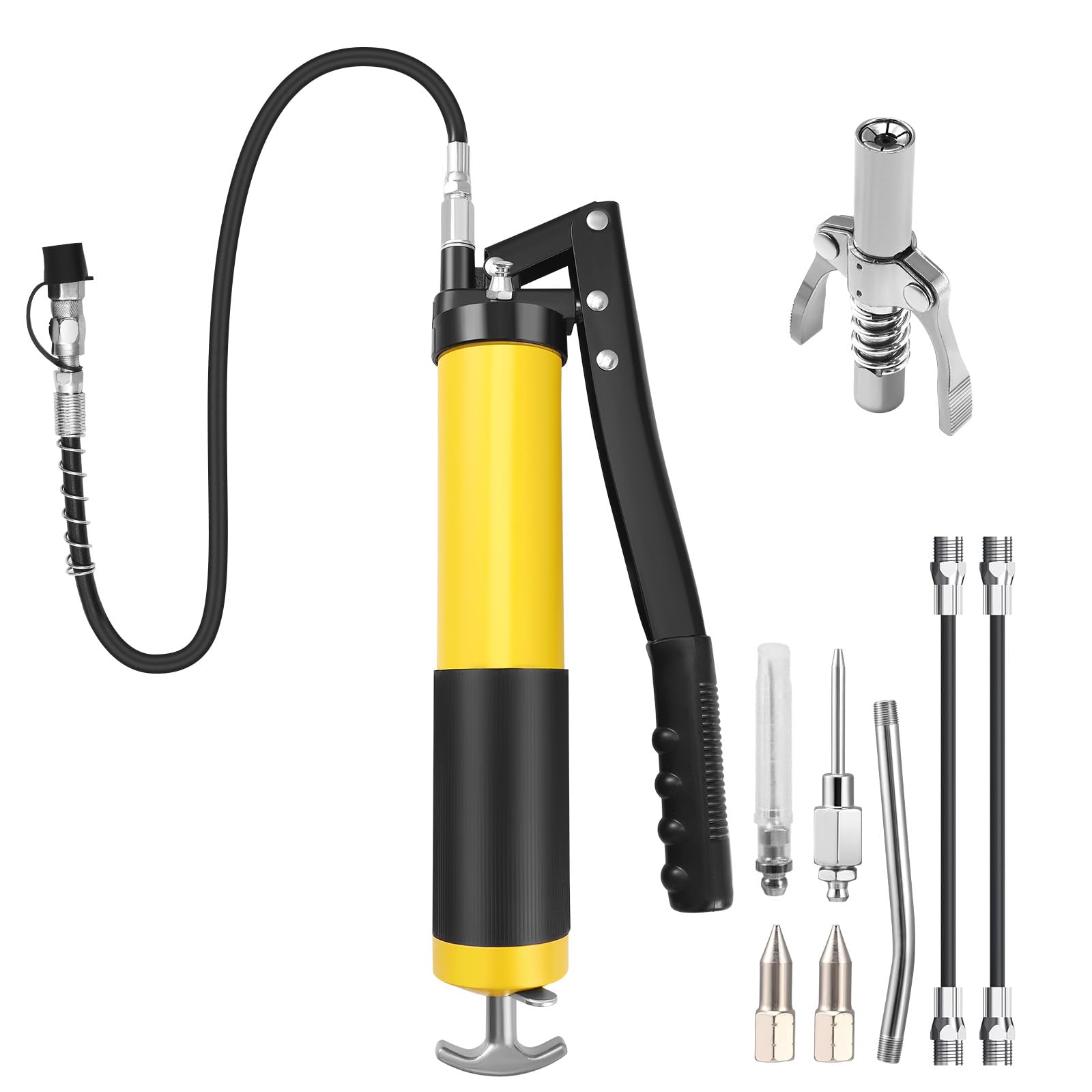 Neulriscn Grease Gun, 8000 PSI Heavy Duty Grease Gun with Lock Coupler and 3 Flexible Hoses, Manual Grease Gun Tool with Extension Rigid Pipe and Nozzles, Fit for 14oz Grease Cartridge, Bulk Loading