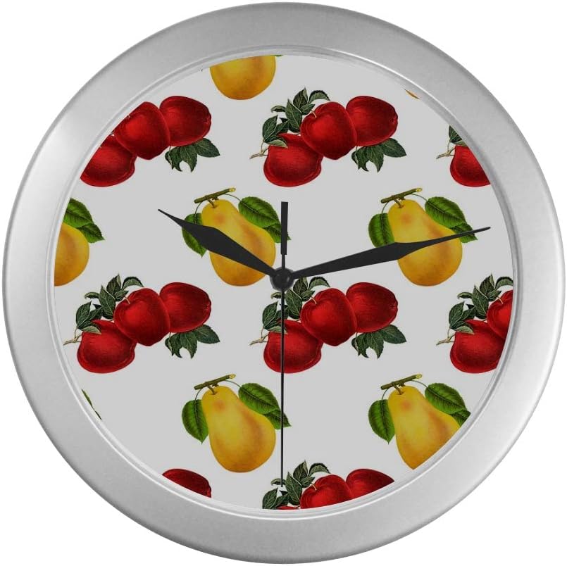 JOCHUAN Hanging Wall Clock Fruit Vintage Apple Pear Design Wall Classroom Clock 9.65 Inch Silver Quartz Frame Decor For Office/school/kitchen/living Room/bedroom