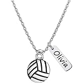 Personalized Volleyball Necklace with Custom Round Pendant, LOVE Charm and Volleyball Charm, Stainless Steel Jewelry Gift for Players, Moms, Coaches and Teams