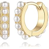 Degerde 14K Gold Pearl Earrings for Women Gold Pearl Hoop Earrings for Women Small Earrings Elegance Huggie Hoop Earrings 13 MM/18 MM