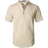JEMITOP Men's Summer Lightweight Cotton Linen Shirts Casual Short Sleeve Breathable Banded Collar Henley for Beach Vacation