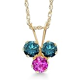 Gem Stone King 14K Yellow Gold Blue Diamond and Pink Sapphire 3-Stone Pendant Necklace For Women (0.33 Cttw, Gemstone April Birthstone, Round 3MM, 18 Inch Chain)